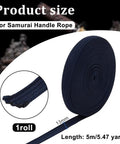 Dark Blue Ito Sageo Wrapping Cord 0.51 Inch Wide Silk-Cotton Blend For Katana Tsukamaki Sword Handle Wrapping Rope 5 Meters Long