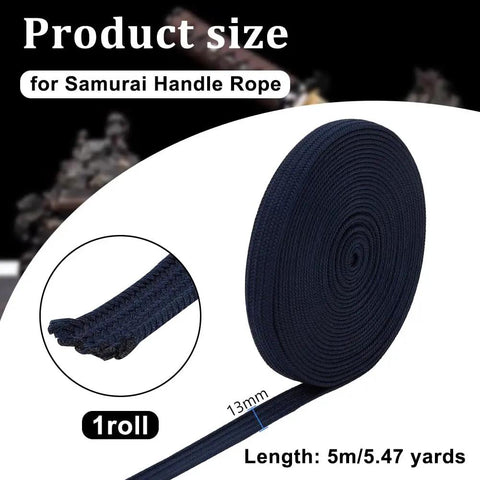Dark Blue Ito Sageo Wrapping Cord 0.51 Inch Wide Silk-Cotton Blend For Katana Tsukamaki Sword Handle Wrapping Rope 5 Meters Long