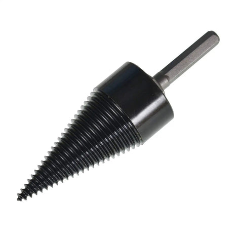 Heavy Duty Firewood Drill Bit With Removable Wood Splitter Cone, Tough As Nails High Carbon Steel Log Breaker Driver close-up view.