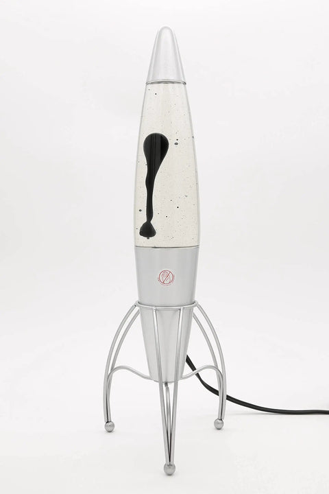 Retro Rocket Ship Ferrofluid Lava Lamp With Magnetic Black Wax In Clear Liquid, 15 Inch Tall, Silver Aluminum Base And Cap