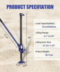 60 Inch Utility High Lift Ratchet Jack With 7000 Lbs Capacity Heavy Duty Off Road Workhorse For Tractors Trucks SUVs And Bumpers Blue Lift on sandy ground with specifications listed
