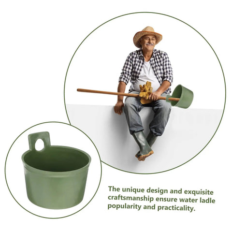 Ergonomic Garden Water Scoops Two Pack For Easy Plant Care, Multi Purpose Water Ladles For Efficient Watering And Fertilizing, Durable Plastic Tools For Home Yard Maintenance, Quick Reach For Pots, Beds, And Raised Planters. Green plastic water scoop shown with long handle