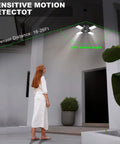 Heavy Duty Solar Shed Lights With Four Bright Heads Offering 1200 Lumens And Kickass Motion Sensor Detection Plus Remote Control for motion detection by a woman at front door.