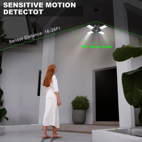 Heavy Duty Solar Shed Lights With Four Bright Heads Offering 1200 Lumens And Kickass Motion Sensor Detection Plus Remote Control for motion detection by a woman at front door.