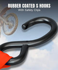 Rubber coated S hooks with safety clips, part of Heavy Duty Ratchet Tie Down Straps Set, 1500 Lb Break Strength, 1 Inch By 15 Foot.