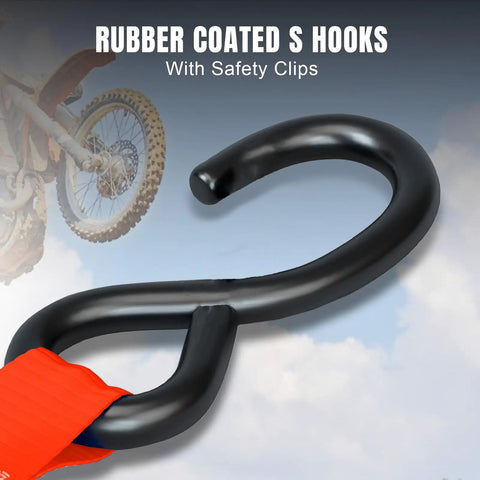 Rubber coated S hooks with safety clips, part of Heavy Duty Ratchet Tie Down Straps Set, 1500 Lb Break Strength, 1 Inch By 15 Foot.