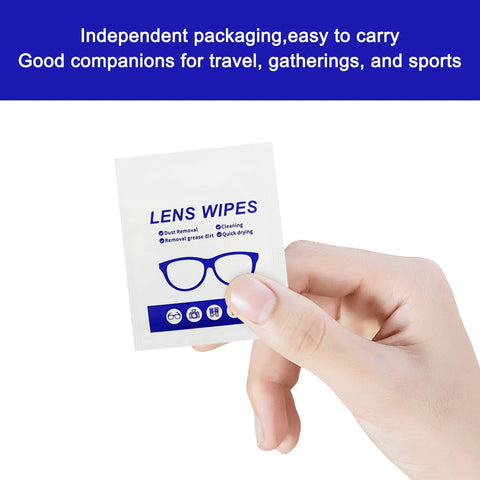 Hand holding individually packaged Alcohol Free Lens Wipes For Glasses And Screens Streak Free 220 Count.