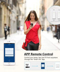 Woman using phone app to control Two Gang WiFi Smart Light Switch for Single Pole Lighting That Plays Nice With Alexa And Google Assistant