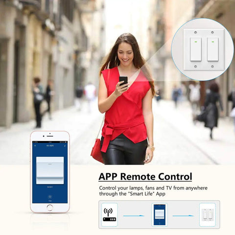 Woman using phone app to control Two Gang WiFi Smart Light Switch for Single Pole Lighting That Plays Nice With Alexa And Google Assistant