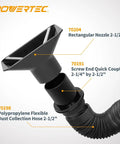 Rectangular Dust Hood Nozzle For Two And A Half Inch Dust Collection Hose Fittings A Slick Add On Accessory Built For Sanding With Drill Press Sander Or Drilling Machines To Improve Dust Control And Cleanup, showing 2-1/2 inch black nozzle connected to flexible hose