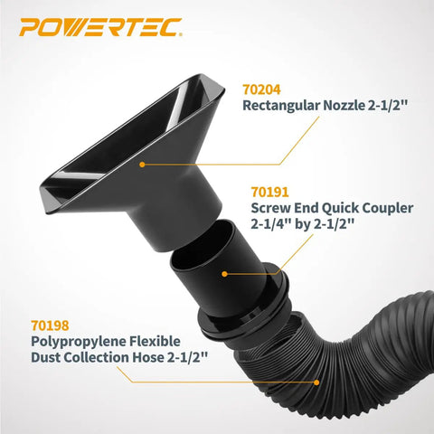 Rectangular Dust Hood Nozzle For Two And A Half Inch Dust Collection Hose Fittings A Slick Add On Accessory Built For Sanding With Drill Press Sander Or Drilling Machines To Improve Dust Control And Cleanup, showing 2-1/2 inch black nozzle connected to flexible hose