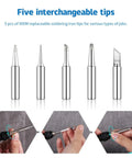 Five soldering tips from 60W Adjustable Temperature Soldering Iron Kit with Quick Heat Up Ceramic Heater, and hands showing use