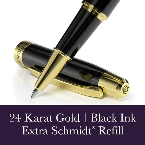 24 Karat Gold Luxury Rollerball Pen With Gloss Black Finish close-up showing gold trim cap and extra refill