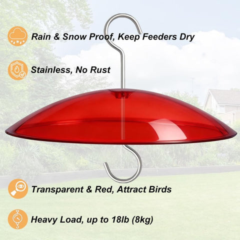 8 Inch Weather Guard Dome For Bird Feeder Red Protective Cover Shields Rain Snow Sun 20cm Diameter with Stainless Hook