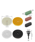 Top view of All In One Buffing And Polishing Wheel Kit with soft cotton pads, rouge compounds, and shank for jewelry, glass, metal finish.