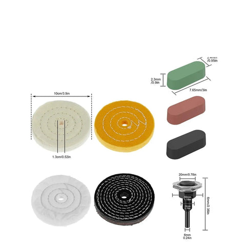 Top view of All In One Buffing And Polishing Wheel Kit with soft cotton pads, rouge compounds, and shank for jewelry, glass, metal finish.