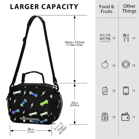 Durable Insulated Lunch Box For Kids And Teens, Lightning Bolt Theme, Kid Friendly Cooler Tote With Shoulder Strap, Reusable School Lunch Bag, 6.5L Capacity, Fits Six Packs, Black, 28x23x11 cm