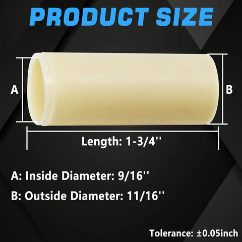 Eight Nylon Trailer Leaf Spring Bushings Kit with Nine Sixteenths Inch Inside Diameter and One and Three Quarters Inch Length, size details