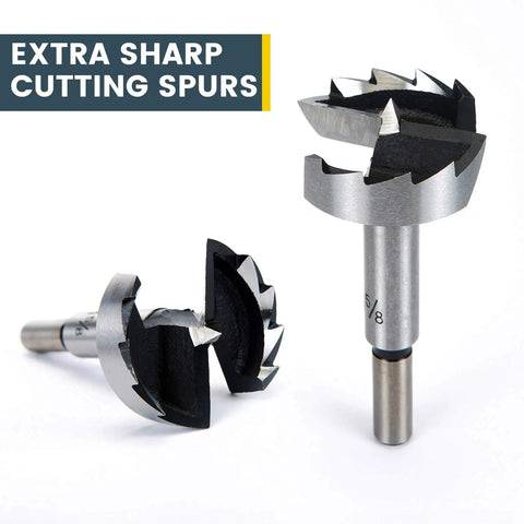 Badass Forstner Bit Set With A Nifty Hex Shank 1-1/8 Inch 1-1/4 Inch 1-3/8 Inch Wood Drill Bits featuring extra sharp cutting spurs.