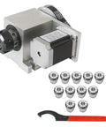 Bad Boy Cnc Four Axis Rotary Table Running Slick Six To One Drive With A Full Eleven Pack Of Er32 Collets For Easy Peasy Milling Engraving Grind On Your Home Shop Rig, includes rotary table, 11 collets, and wrench.