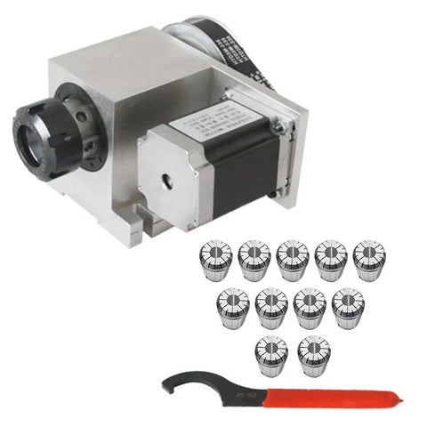 Bad Boy Cnc Four Axis Rotary Table Running Slick Six To One Drive With A Full Eleven Pack Of Er32 Collets For Easy Peasy Milling Engraving Grind On Your Home Shop Rig, includes rotary table, 11 collets, and wrench.