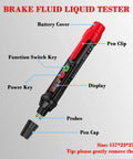 DIY Friendly Brake Fluid Moisture Tester Pen For DOT3 DOT4 DOT5.1, Must Have Garage Grade Vehicle Diagnostic Tool, Hydraulic Fluid Reader, Oil Moisture Meter For Quick, Accurate Brake Fluid Status. Pen-style tester with probes, display, clip, and cap, 157x23x27mm