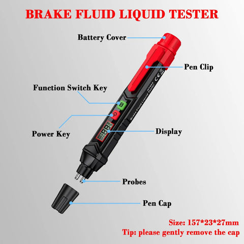 DIY Friendly Brake Fluid Moisture Tester Pen For DOT3 DOT4 DOT5.1, Must Have Garage Grade Vehicle Diagnostic Tool, Hydraulic Fluid Reader, Oil Moisture Meter For Quick, Accurate Brake Fluid Status. Pen-style tester with probes, display, clip, and cap, 157x23x27mm