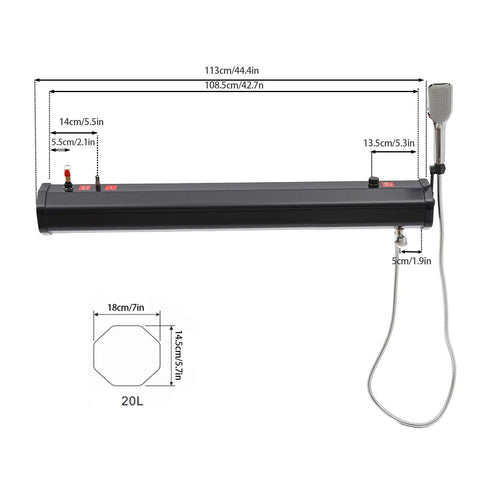 20L Portable Roof Rack Shower Kit With Long Hose For Camping Off Road And Fishing Beach Travel Self Pressurized Solar Heated Water Tank Up To 60C No Electricity Needed Black Silver with dimensions and showerhead