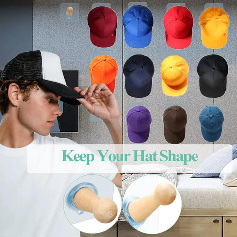 Adhesive Hat Hooks For Wall Or Door Eight Pack Wooden Peg Hat Hangers holding various colored caps on wall