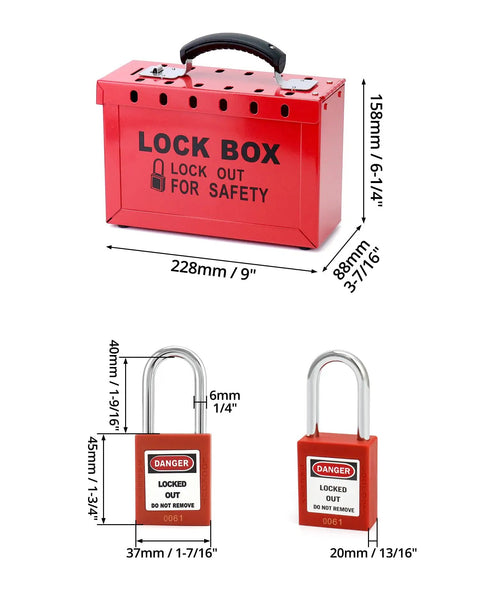 Lockout Tagout Box Kit With 10 Keyed LOTO Locks, Portable 12 Slot Group Lock Box In Red, Heavy Duty Steel Construction For LOTO Stations