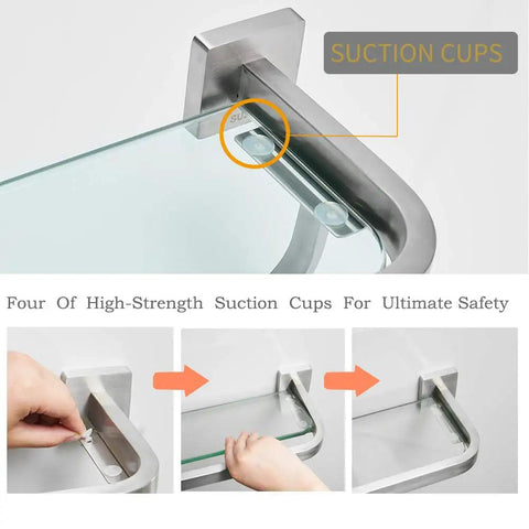 Detail of heavy duty glass bathroom shelf with towel bar and rail, brushed nickel finish with four high-strength suction cups for stability.