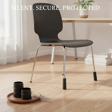 Straight Up Legit Round Chair Leg Protectors With Black PU Leather Slip On Floor Guards For Hardwood Surfaces Quiet Glide Pads on chair legs.