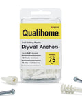 Package of Qualihome Self-Drilling Plastic Drywall Anchors with Screws, supports up to 75 lbs, visible in white color.