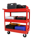 Heavy Duty 3 Tier Service Cart On Wheels With Locking Brakes, 400 Pound Capacity, Mobile Utility Cart for Office, Red