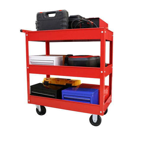 Heavy Duty 3 Tier Service Cart On Wheels With Locking Brakes, 400 Pound Capacity, Mobile Utility Cart for Office, Red