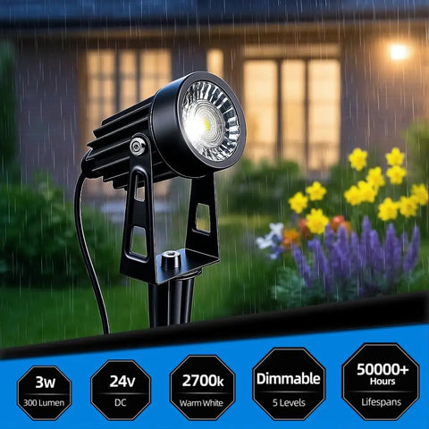 Close-up of a single spotlight from No Fuss All In One Low Voltage Landscape Lighting Kit With Dusk To Dawn Transformer Waterproof Spotlights.