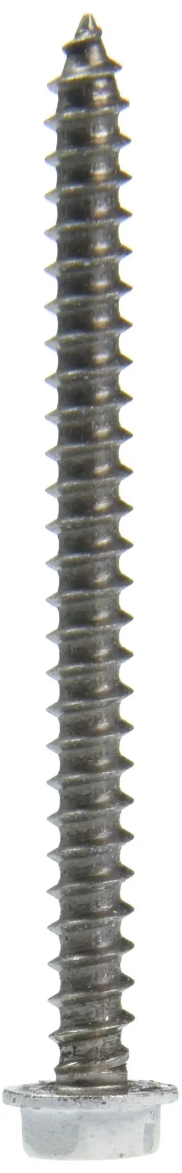 Top Shelf White Hex Washer Sheet Metal Screws Pack Of 12 Eight By Two Inch Stainless Steel fastener with slotted head and threads.