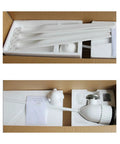Front view of three white nylon-fiber wind turbine blades in foam packaging.
Side view of white wind turbine generator with hub and mounting hardware in foam packaging.