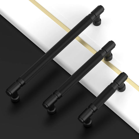 Three sizes of 10 Pack 5 Inch Matte Black Knurled Cabinet Pulls For Kitchen Cabinets Cupboards And Drawers 128mm Length Durable Hardware