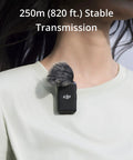 Close-up of Wireless Lavalier Microphone System With Two Transmitters And One Receiver In Charging Case 250 Meter Range clipped on shirt