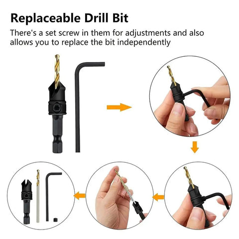 Replaceable drill bit and hex key from 11 Piece Countersink Drill Bit Set For Woodworking With Hex Shank High Speed Steel Bits