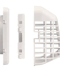 Three-part view of white 4 inch outdoor dryer hood with bird guard and no fuss easy clean louvers, universal fit for most dryer ducts.