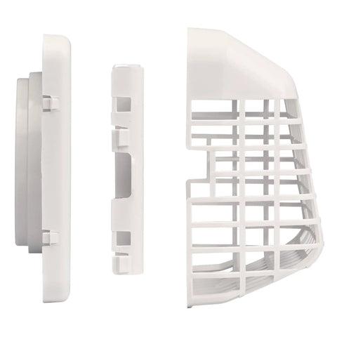 Three-part view of white 4 inch outdoor dryer hood with bird guard and no fuss easy clean louvers, universal fit for most dryer ducts.