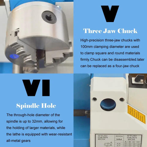 Heavy Duty Mini Metal Lathe Rigged Out With A Smooth One Horsepower Brushless Motor And Rock Solid Cast Iron Base, 3-jaw chuck and spindle hole details.
