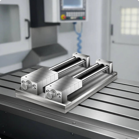 Heavy Duty Copper Fixture Vise Multi Station Workholding For Milling Machines Hardened Steel Screw thick base on CNC table.