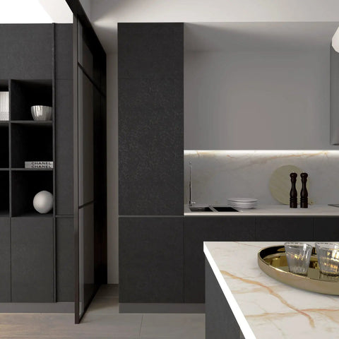 Silk Textured Black Peel And Stick Wallpaper Roll 118 Inches Long 15.7 Inches Wide Self Adhesive Removable Waterproof For Bathroom Bedroom Cabinets Shelves Modern Home Makeover shown in modern kitchen setting.