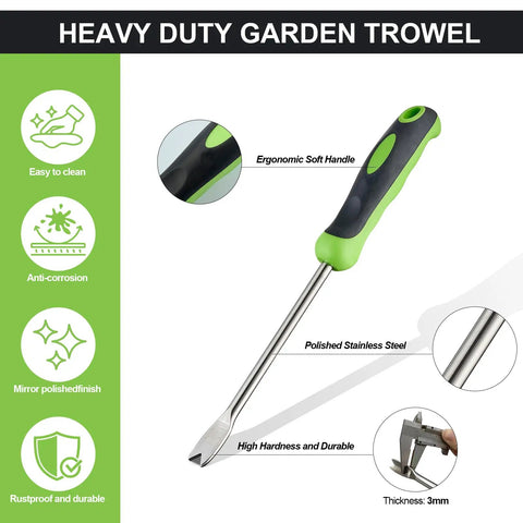 Stand Up Weed Puller Tool With Long Handle For Lawn And Garden, Heavy Duty Stainless Steel Manual Weeder close-up showing handle and blade.
