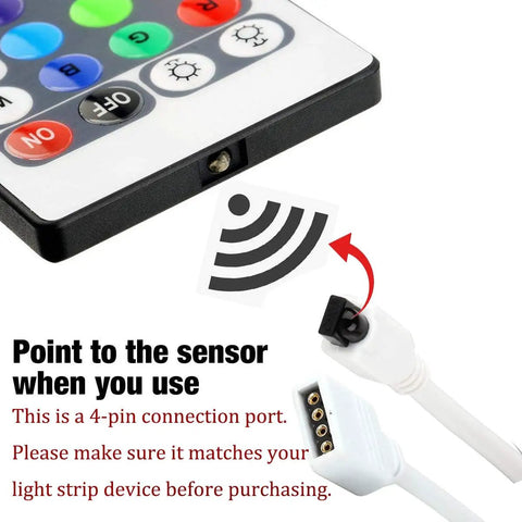 Close-up of RGB LED Light Strip Remote Controller Dimmer With Wireless IR 44 Keys showing sensor and 4-pin connection port.