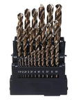 Heavy Duty M42 High Cobalt Twist Drill Bit Set 25 Piece displaying organized cobalt drill bits in a sturdy holder.