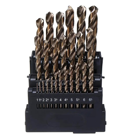 Heavy Duty M42 High Cobalt Twist Drill Bit Set 25 Piece displaying organized cobalt drill bits in a sturdy holder.